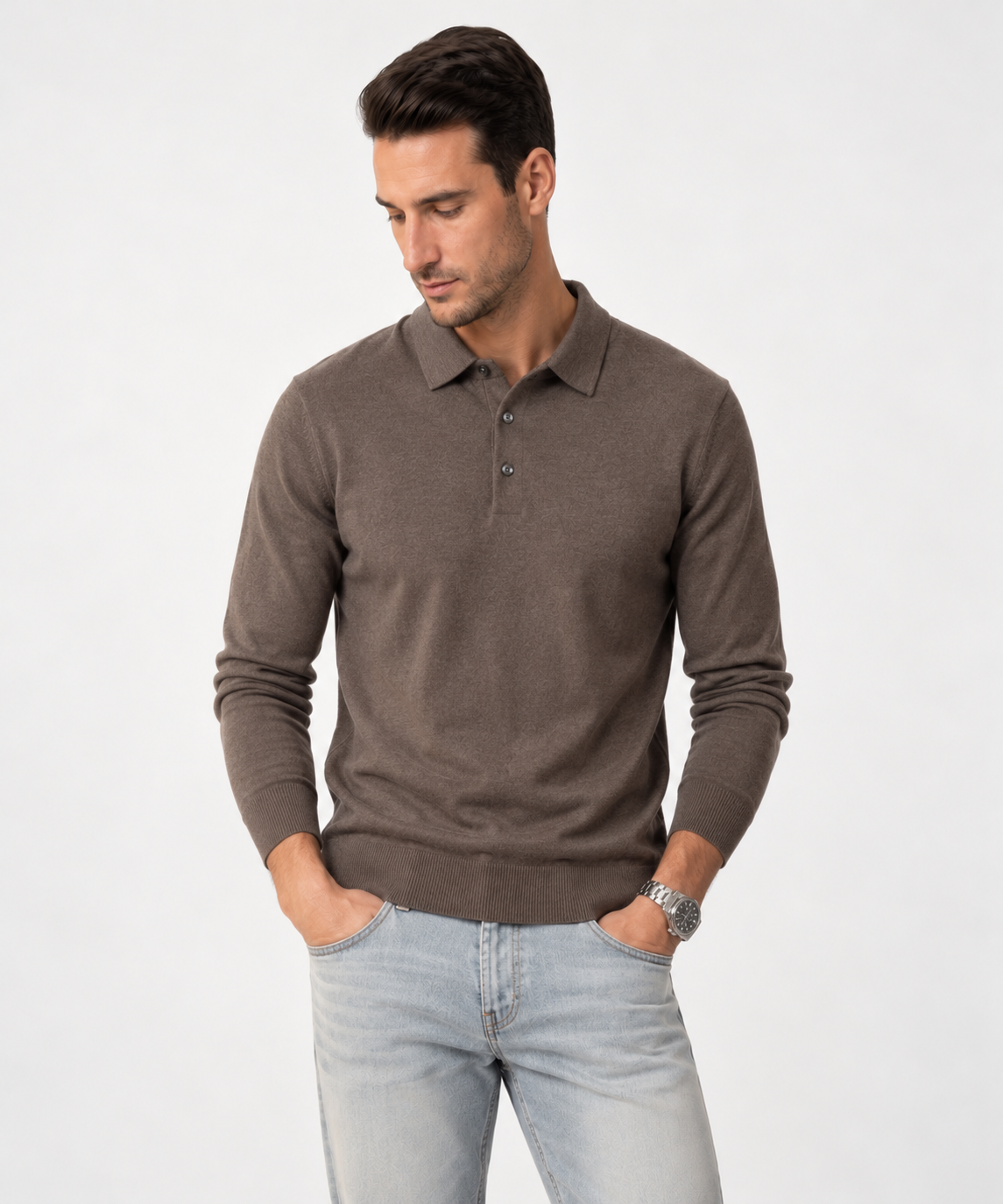 Long Sleeve Silk-Blend Polo