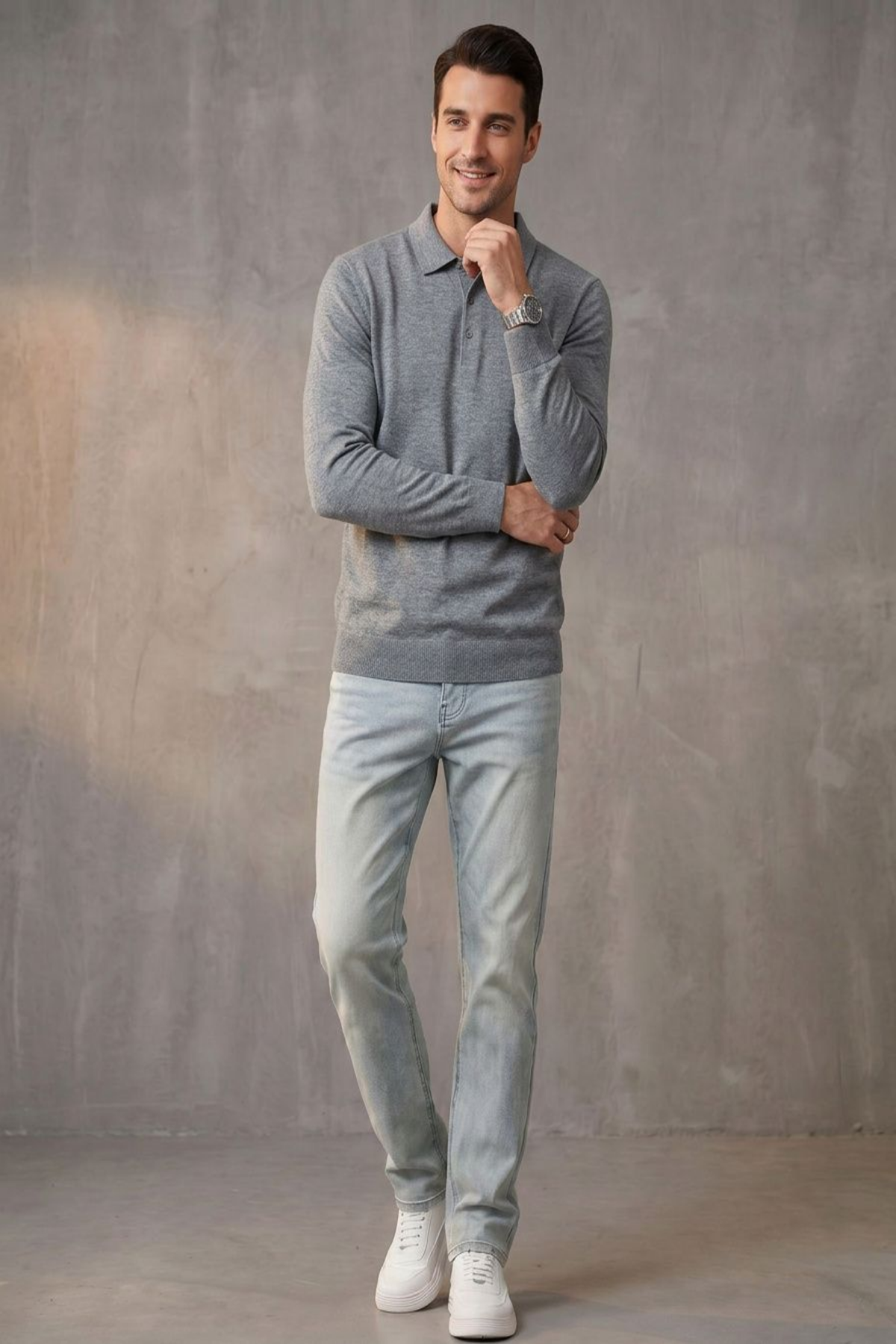 Long Sleeve Silk-Blend Polo