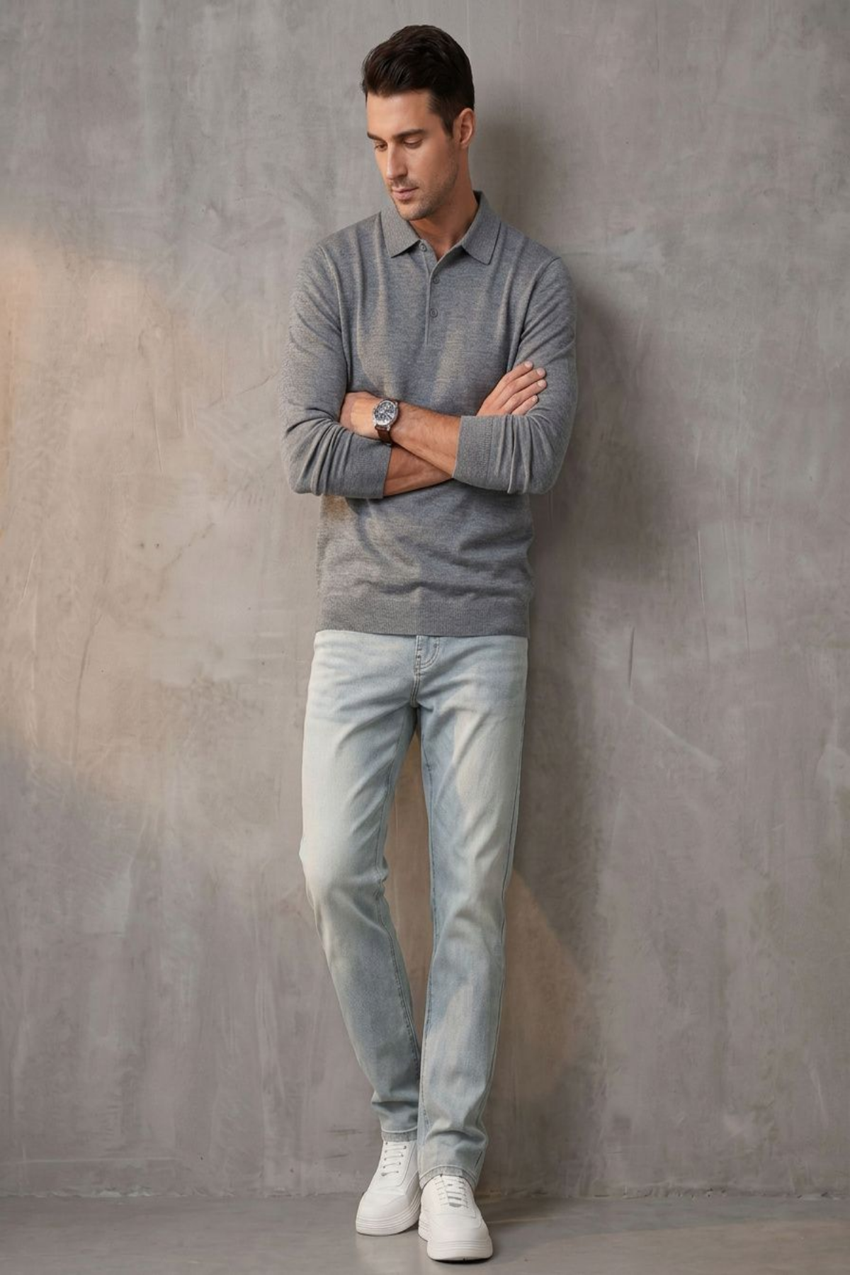 Long Sleeve Silk-Blend Polo