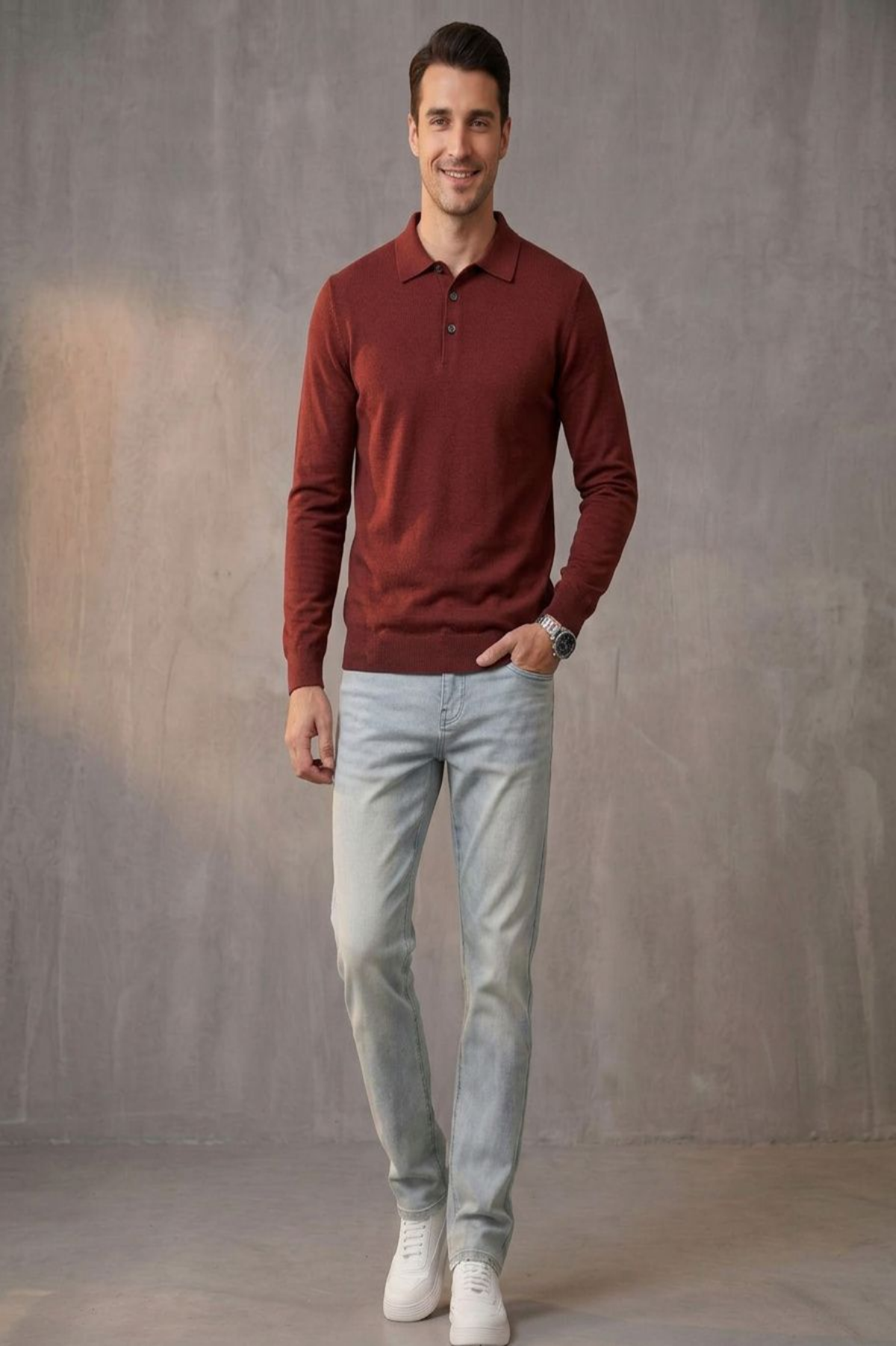 Long Sleeve Silk-Blend Polo
