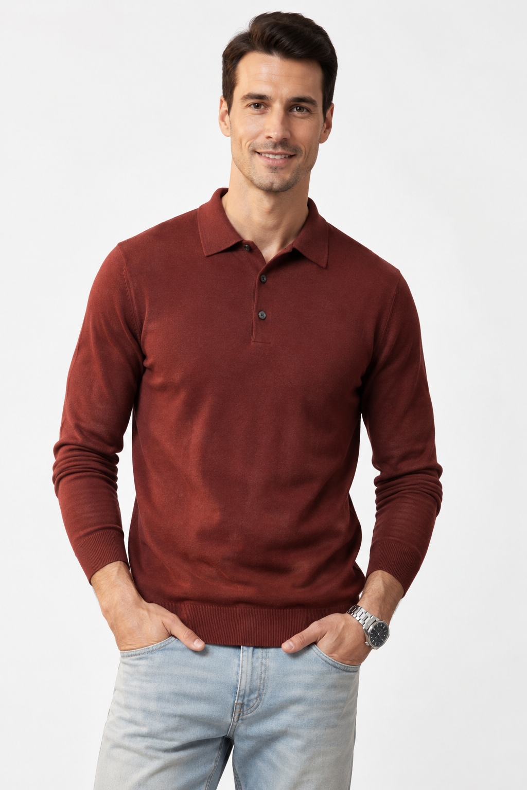 Long Sleeve Silk-Blend Polo